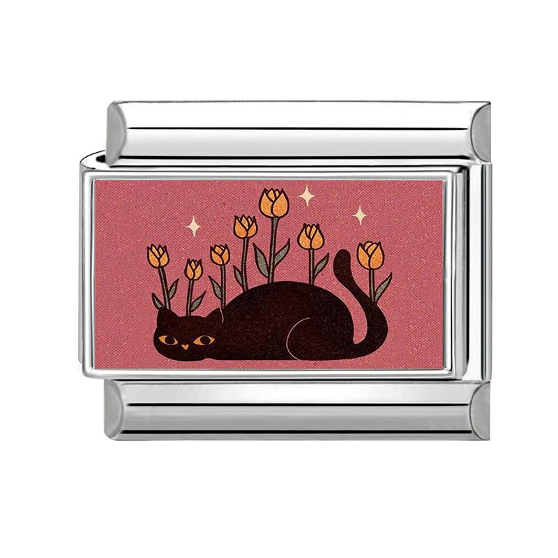 Women's Gift Cute Cat Looks At The Cake DIY Italian Charm Links Beads Fit 9mm Stainless Steel Modular Bracelet Jewelry Gift
