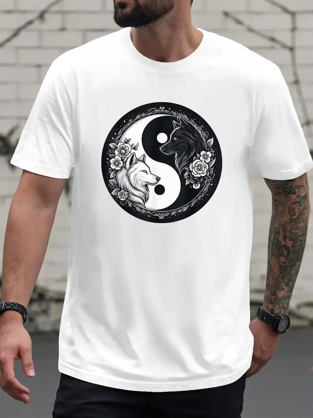 

Yin Yang Wolf Floral Print Casual T-shirt - Light Grey Regular Fit Short Sleeve Round Neck Summer Tee XL