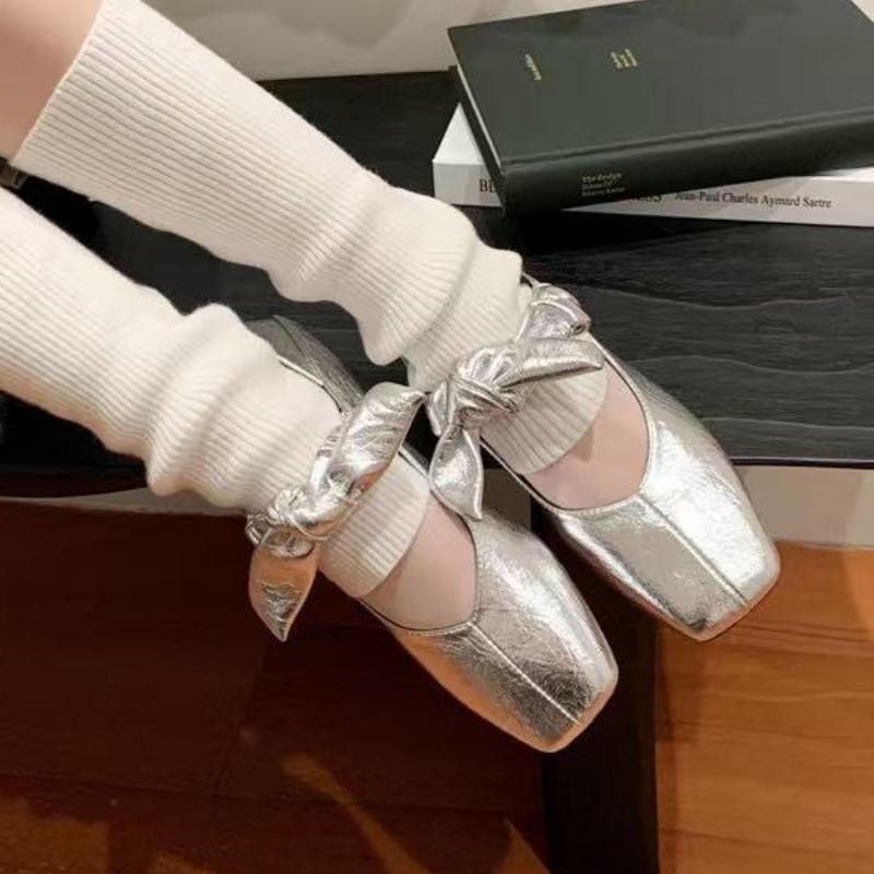 Mode Elegante Damen Schleife Quadratische Zehenpumps Bequeme Niedrige Absätze Süße Damenschuhe Rindspaltleder Flache Schuhe Slipper Loafer