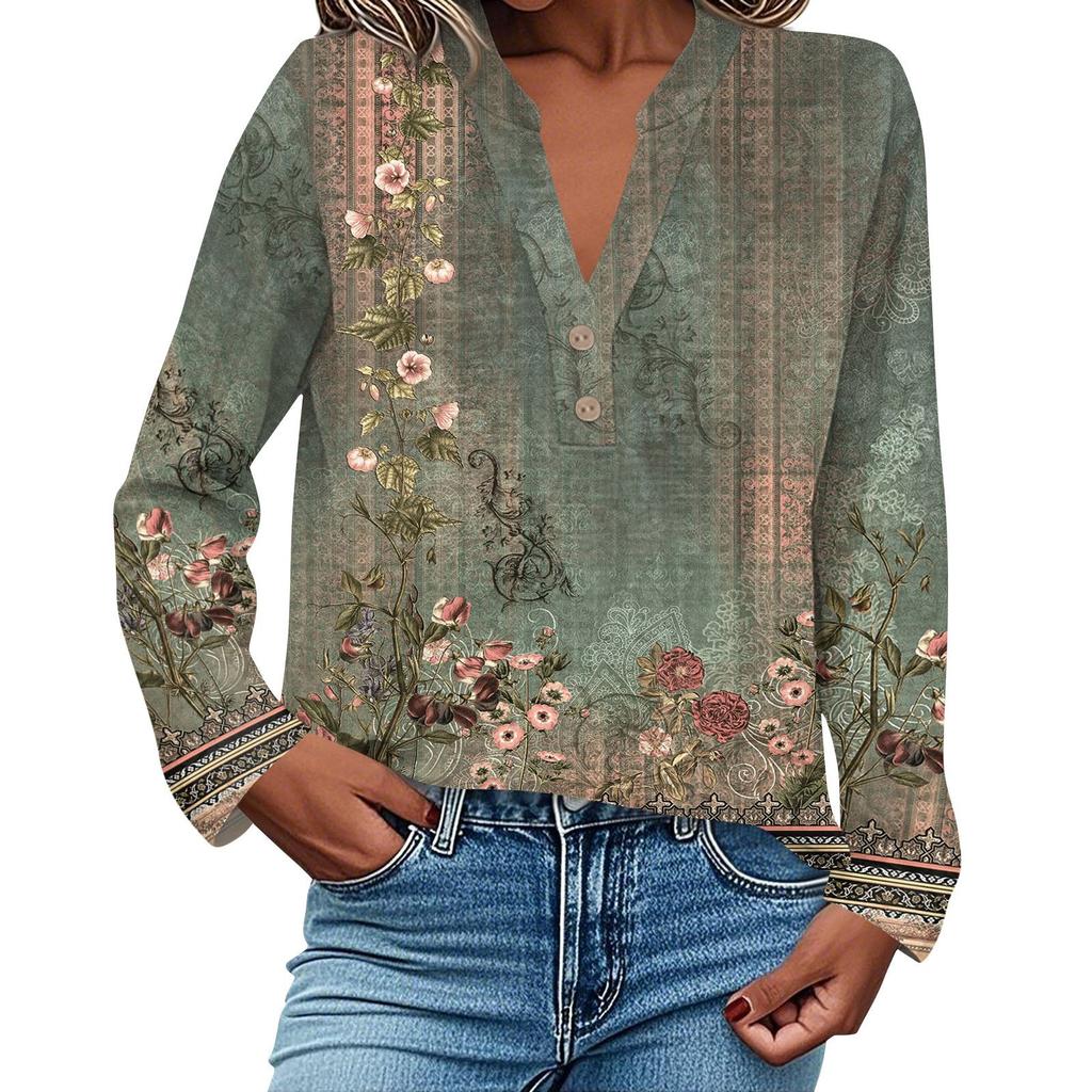 Camisa de Moda y Casual para Mujer Manga Larga Cuello en V Botones Estampada Blusa Top
