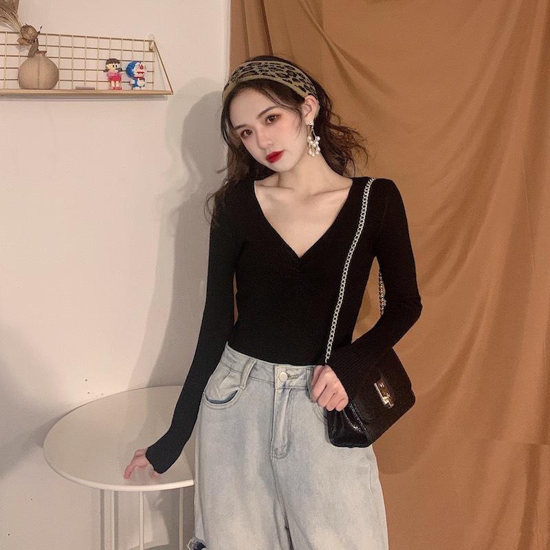 Fall Winter Women V Neck Solid Color Long Sleeve Pleated Knitted Bottoming Chic Sweater