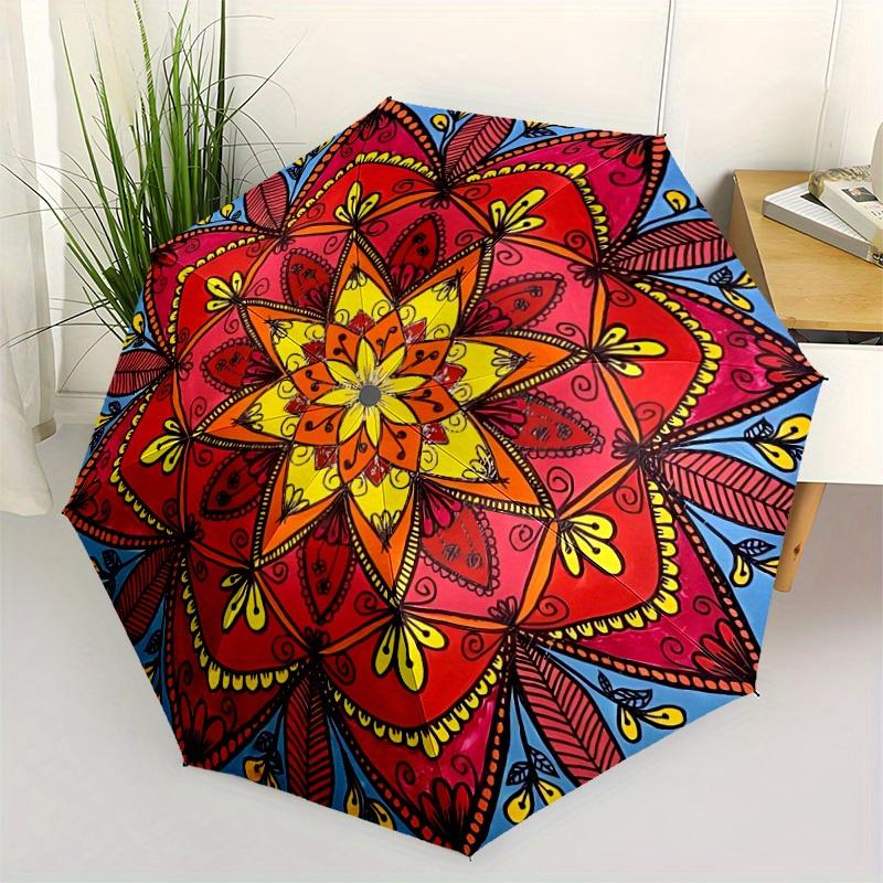 1pc Mandala Art Automatic Open, Sturdy Iron Frame, Compact Folding Design, All-Season Portable Umbrella for Women & Men, Outdoor Umbrella yy
