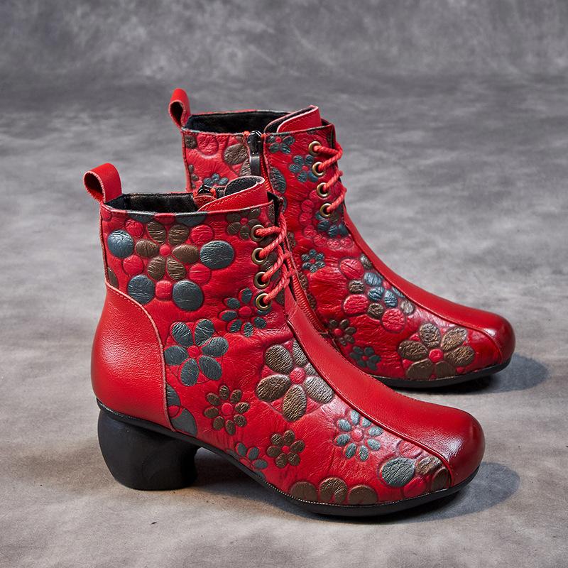 Women's shoes new mother velvet warm cotton shoes women's head layer cowhide printing thick heel soft sole short boots
