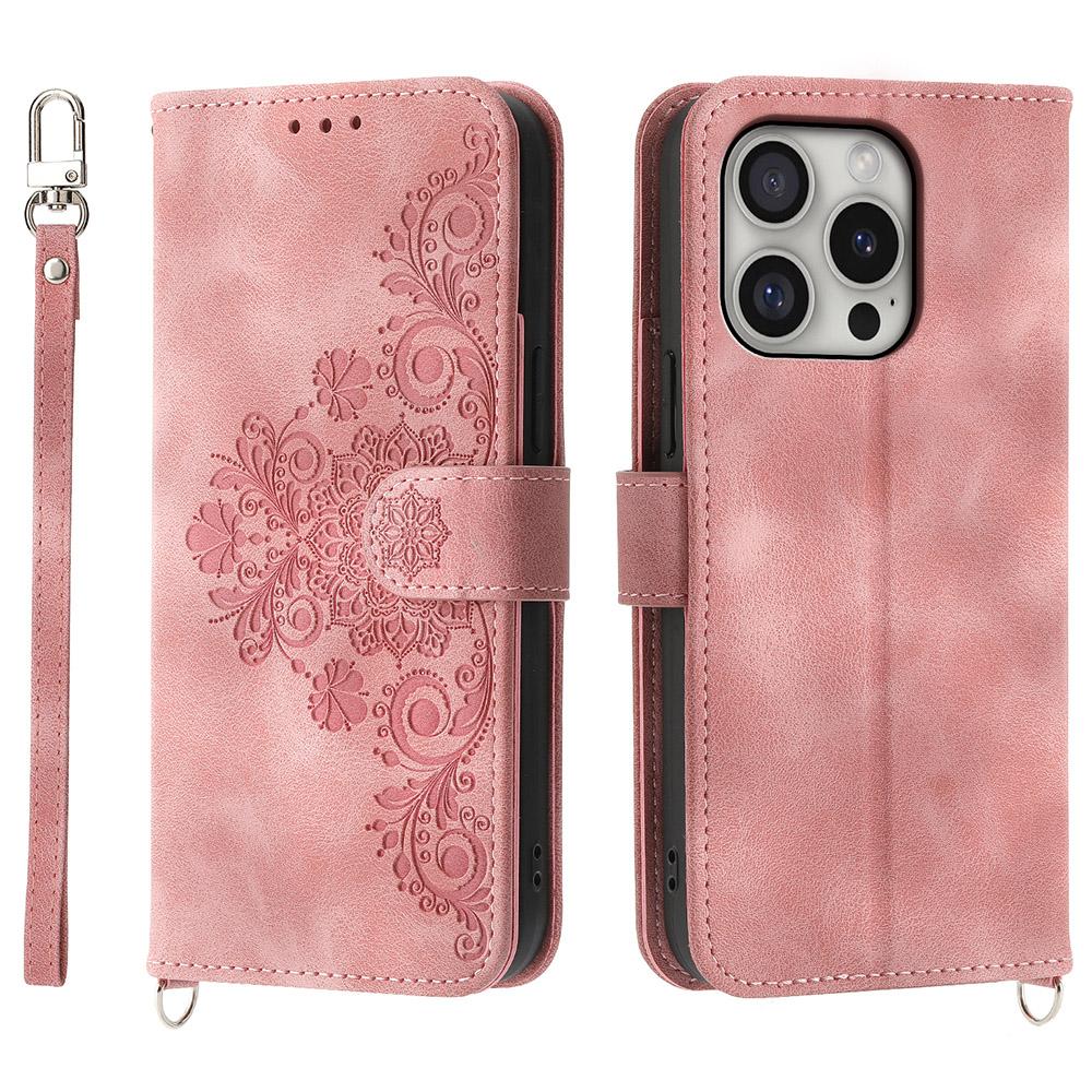 

For iPhone 16 Pro Leather Case Multiple Card Slots Phone Cover with 2 Straps Pink