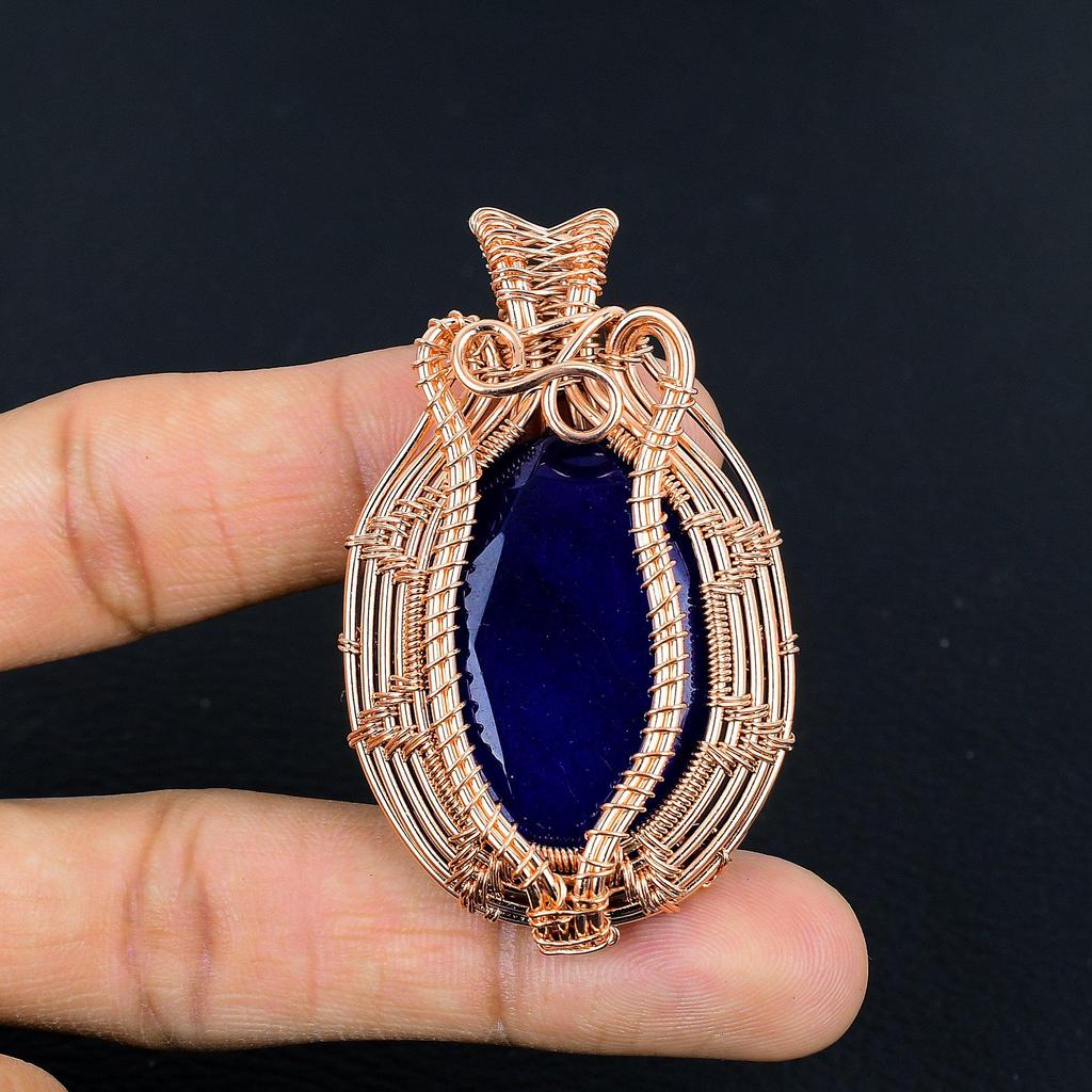 Blue Sapphire Pendant, Handmade Gemstone Pendant, 999 Copper Wire Wrapped Pendant Antique Jewelry, For Engagement Gift
