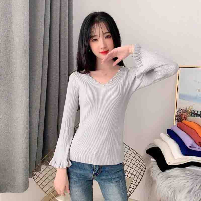 Knitwear Women's V-neck Long-sleeved Sweater Women's Outer Wear Beaded Fashion Casual Pullover Bottoming Shirt