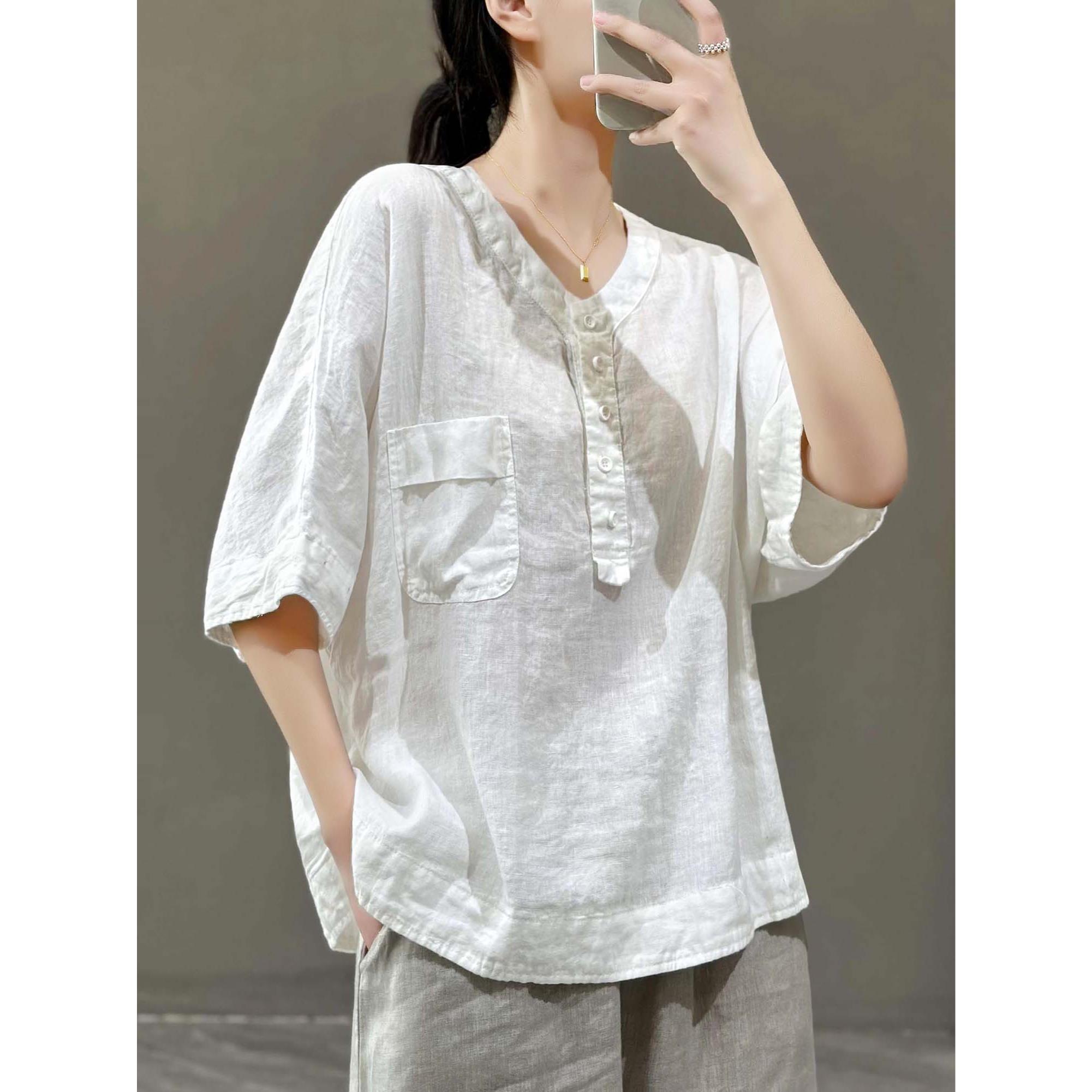 

Летняя женская хлопково-льняная футболка однотонная с коротким рукавом и карманом XXXL зелёный