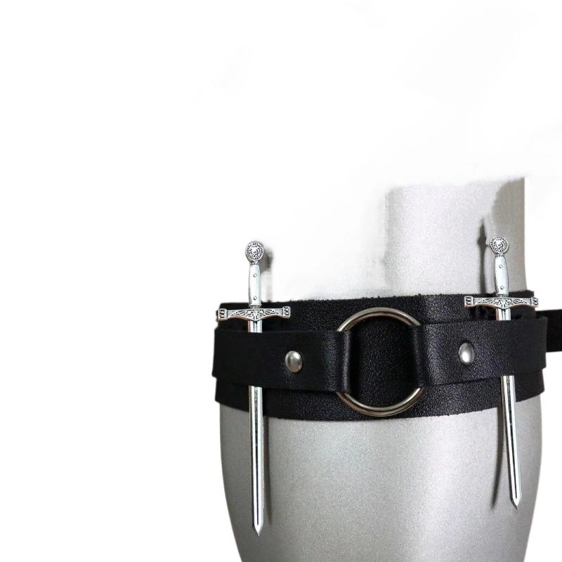 3Pcs Punk Black Leather Arm Bands With Metal Double Sword Upper Arm Bracelet Gothic Halloween Cosplay Accessories