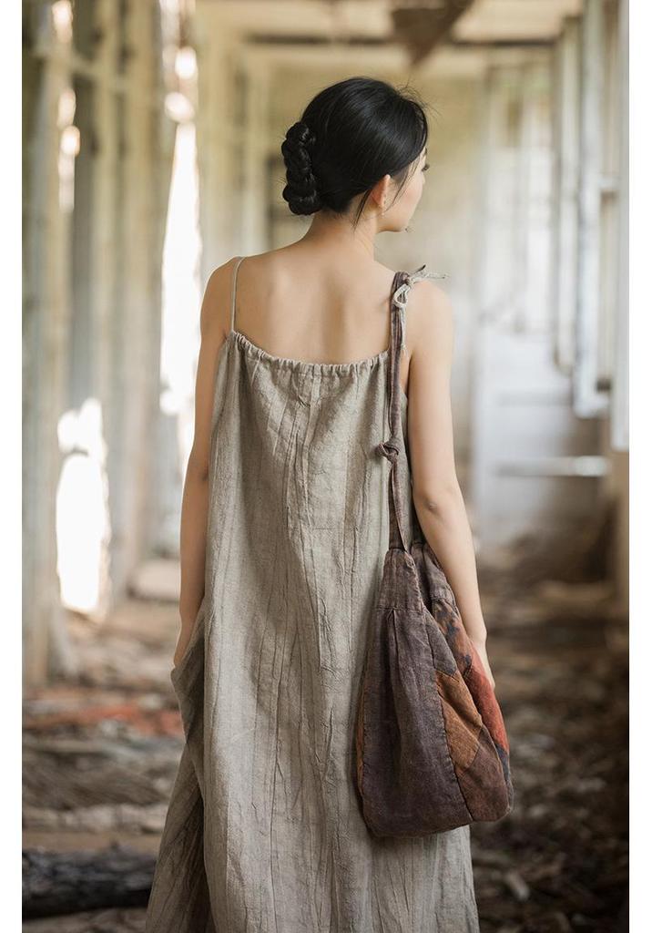 Linen Tie-Dye Adjustable Strappy Dress - Retro French Elegant Casual Wear for Spring and Summer