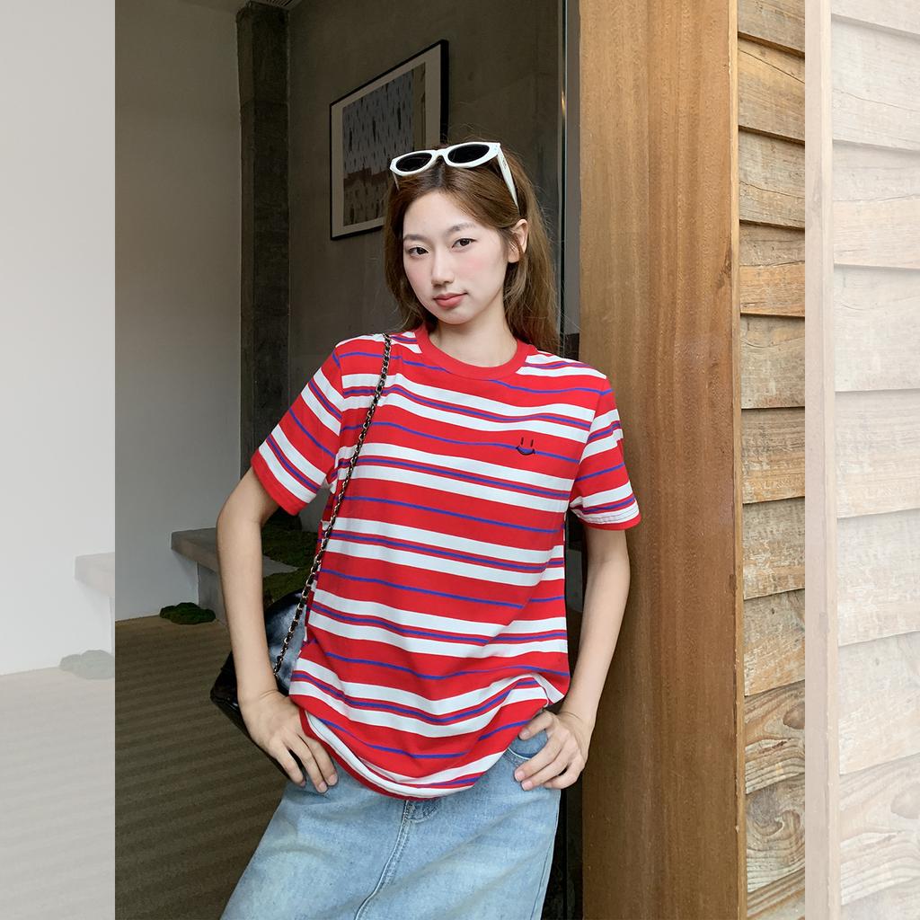 Red Striped American Retro Short Sleeve T-Shirt Women's New Summer Loose Casual Front Shoulder Embroidered Top
