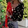 Women's Winter Slim-Fit Base Layer T-Shirt Fashionable Christmas Print V-Neck Pullover Long-Sleeved Top