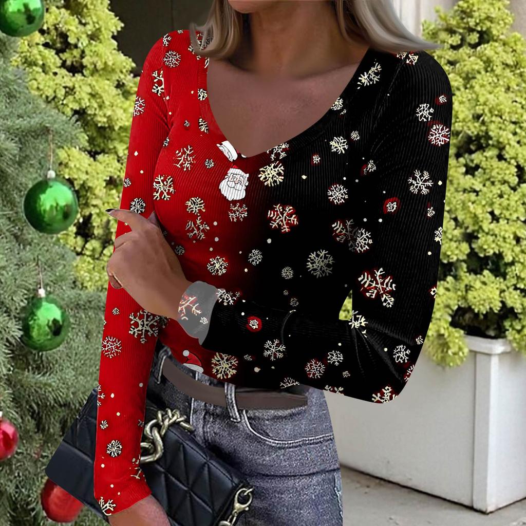 Women's Winter Slim-Fit Base Layer T-Shirt Fashionable Christmas Print V-Neck Pullover Long-Sleeved Top