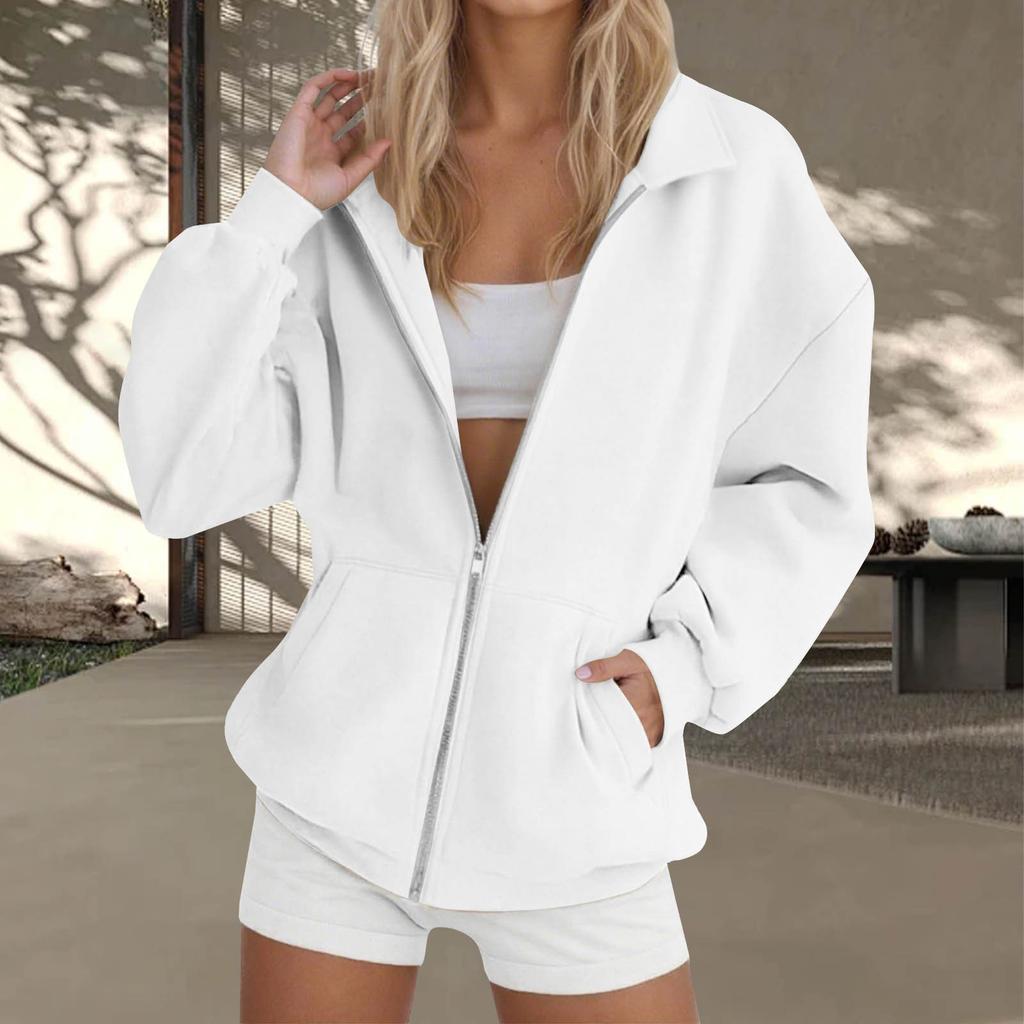 Women's  Fashion Zipper Hoodie Long Sleeve Hooded Pullover Sweatshirt Casual Solid Color Tops With Pockets