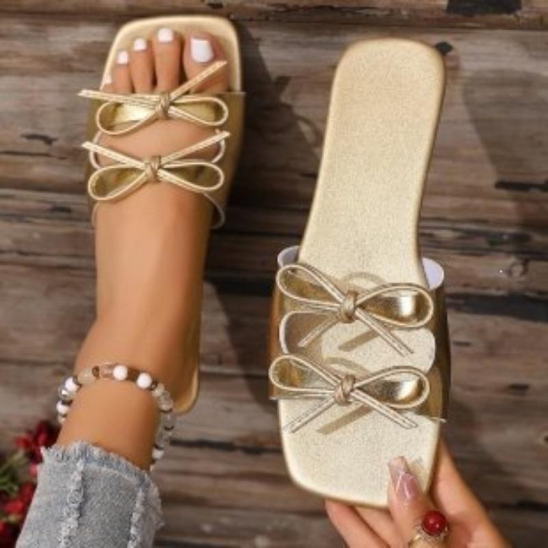 

Women s Square Toe Bow Decor Flat Slides, One Band Design Plus Size Casual Fashion Summer Beach Outdoor Slippers 36 золотой