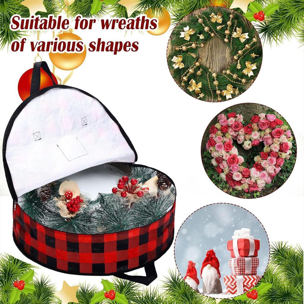 2pcs Christmas Wreath Storage Bag Plaid Holder Zippered Wreath Storage Box with Handle/ Holiday Garland Wreath Storage Container