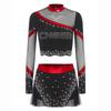 Womens Cheerleading Costume Set Long Sleeve Rhinestone Crop Top Matching Dance Skirt Performance Outfit