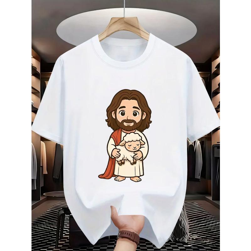 European sizes Cute Sheep Cartoon Character Print Pattern, Comfortable for Outdoor Sports and Indoor Daily Casual Wear, Boys' Fashion T-Shirt