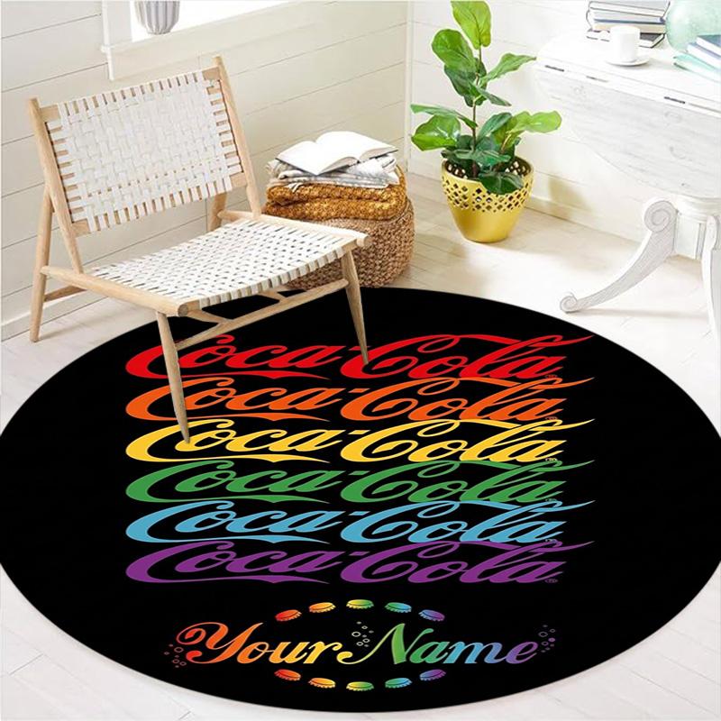 Coca Cola Rainbow Custom Name Round Area Rug Carpet Rug For Living Room Bedroom Sofa Playroom Decor Nonslip Floor Mat