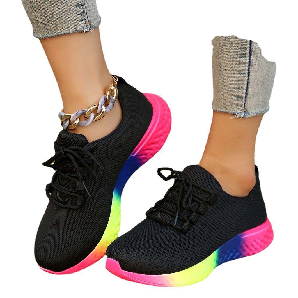 2025 Spring New European and American Large-size Mesh Breathable Single Shoes Women's Casual Thick-soled Lace-up Knitted Sports Shoes Women