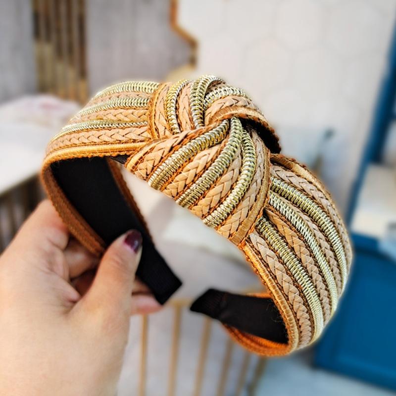 Natürliches Stroh Gewebtes Haarband Breites Design Knoten Verzierungen Bequemes Slip Kopfstück Für Tägliches Styling