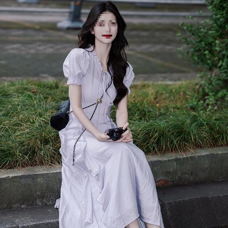 Women s Summer Skirt Tea Break French Gentle Wind Long Dress Dopamine Purple V-Neck Bubble Sleeve Chiffon S