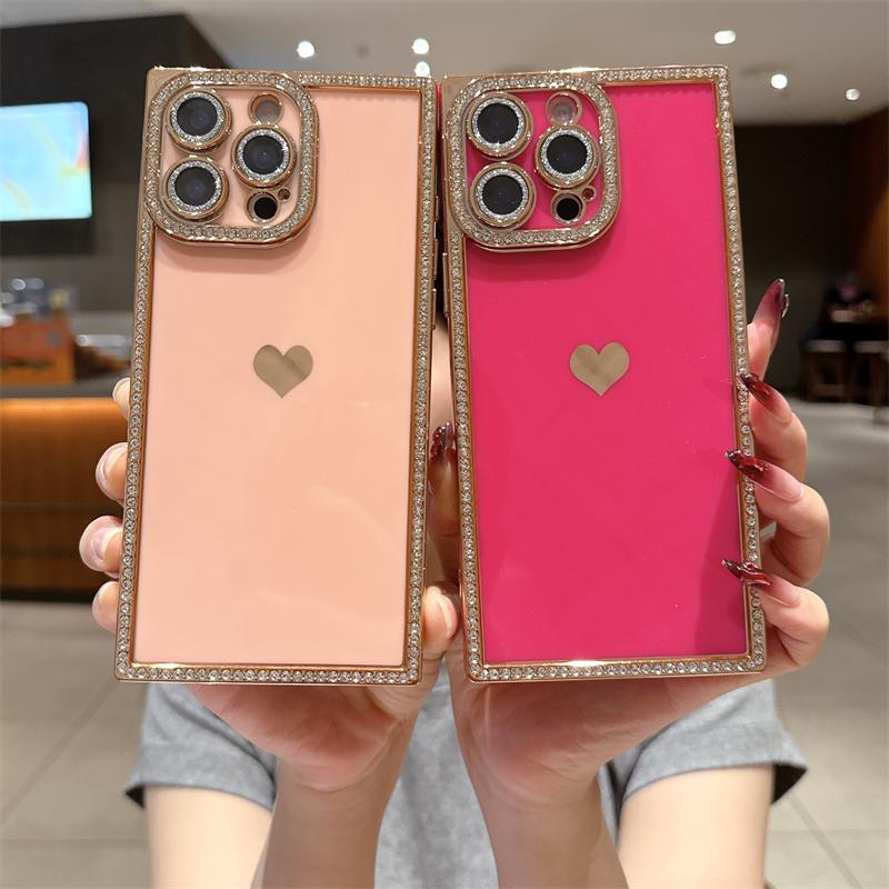 Luxury Diamond Glitter Love Heart Phone Case For iPhone 13 14 15 16 Pro Max Plus Fashion Plating Soft Shockproof Bumper Cover