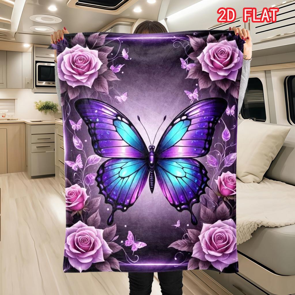 Romantic Purple Rose Garden Blanket, Vibrant Butterfly Art Themed Soft Cover