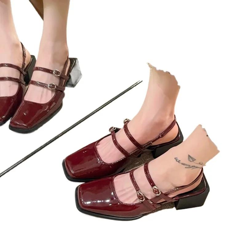 Fashion 2024 New Spring Faux Patent Finish High-heel Shoes with Straps Slingback Fashion Pumps for Women Square Toe Block