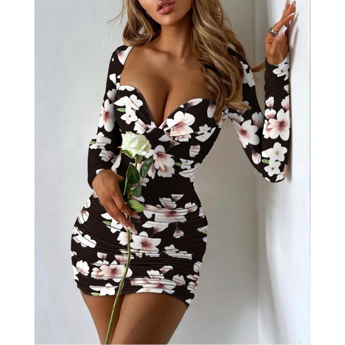 

Fall New Women s Dress, European & American Style Fashion Long Sleeve V-neck Low Cut Sexy Slim Bodycon Printed Dress 2XL