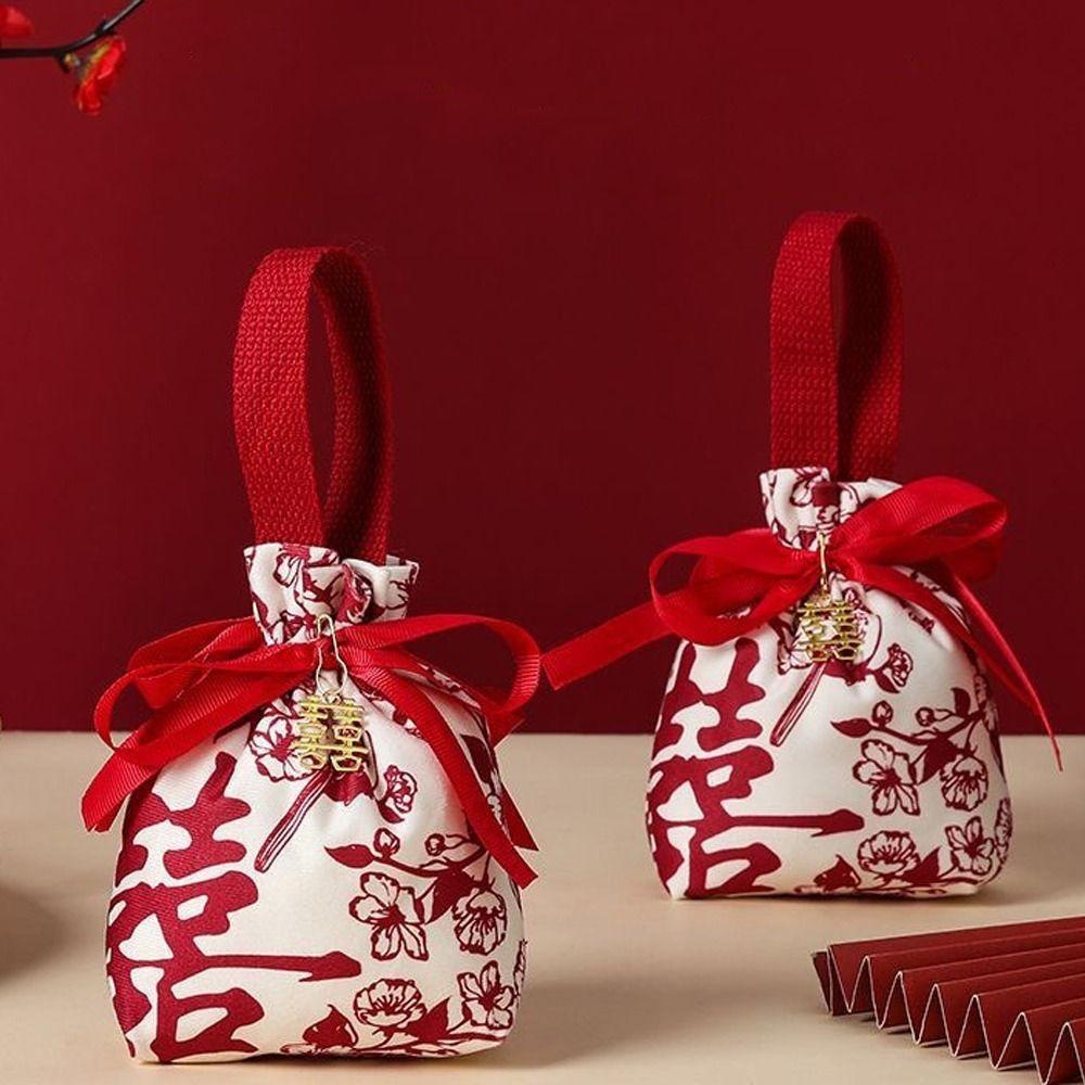 

5pcs Red Drawstring Bag Flowers Wrist Hand Bag Fashion Gift Packing Bag Engagement Style 4