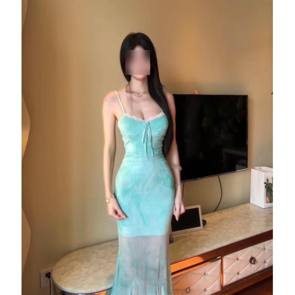 

Французское светло-зеленое платье-комбинация из принтованной сетки, женское летнее для морского отдыха, чистое желание, темперамент, платье с рыбьим хвостом, облегающее бедра XL- (recommended 110-60kg)