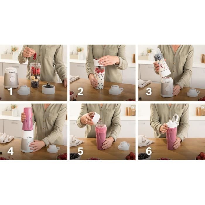 Mini blender bosch vitapower serie 2 mmb2111t - bol mixeur 0,8 l - 4 lames tranchantes inox - haute vitesse de mixage - argent