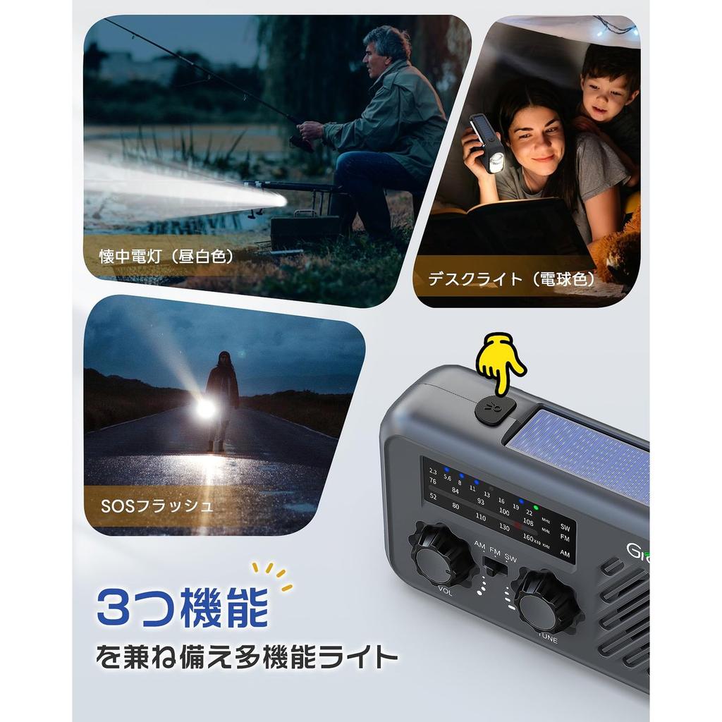 Greeshow Emergency Solar Hand Crank Radio AM/FM/SW with LED Flashlight SOS Alarm 2000mAh Power Bank