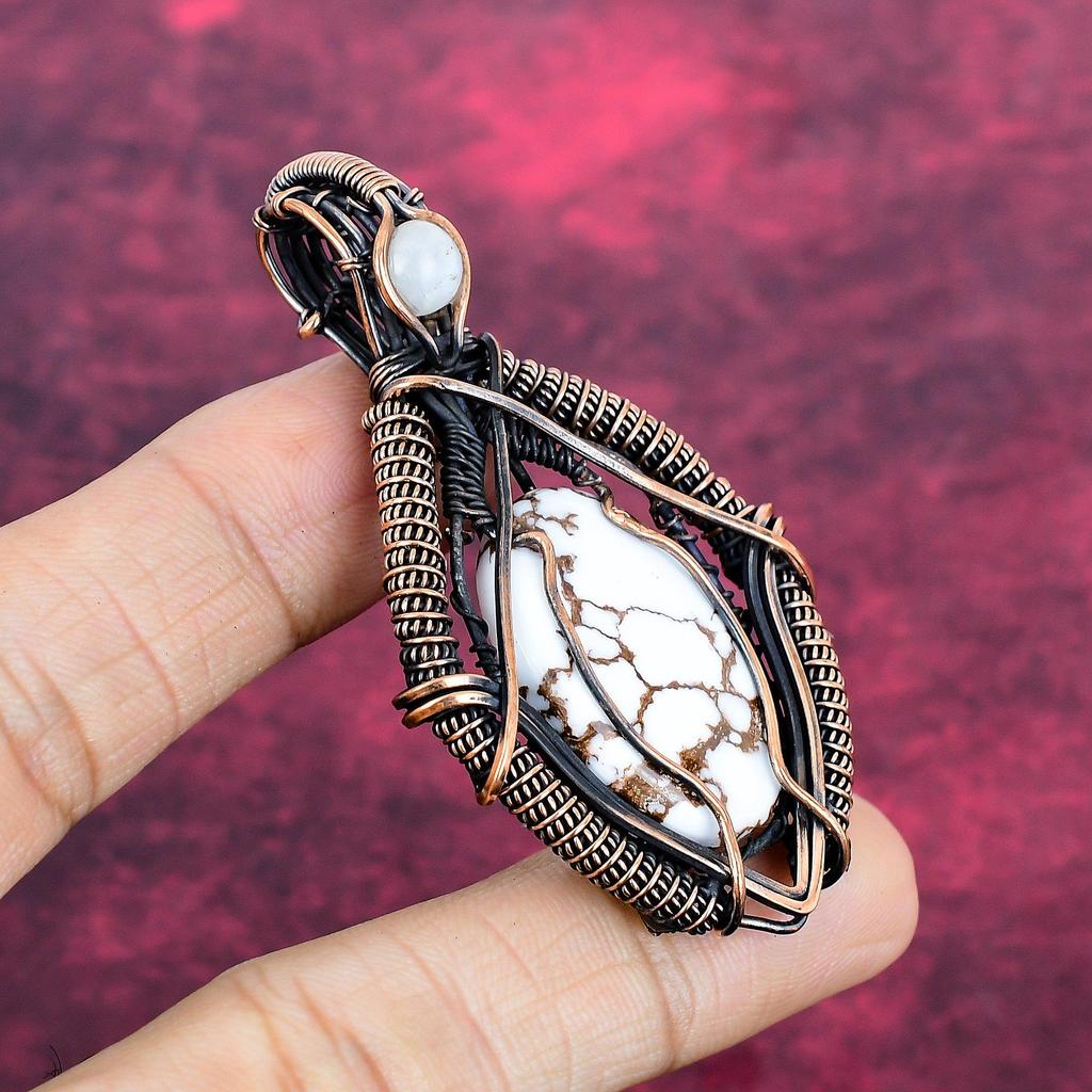 Wild Horse Magnesite Pendant Copper Wire Wrapped Rainbow Moonstone Jewelry Handmade Gemstone Pendant