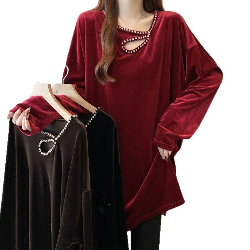 Plus Size Gold Thread Velvet Long Sleeve Top for Women - Slimming, Hot Drill, Trendy Hollow Design, Early Spring 2025.