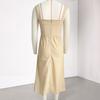 Summer Women Long Dress Solid Color Wide Straps Pleated Midi Dress Breathable Casual Sleeveless Slim Fit Above Ankle Length Dress