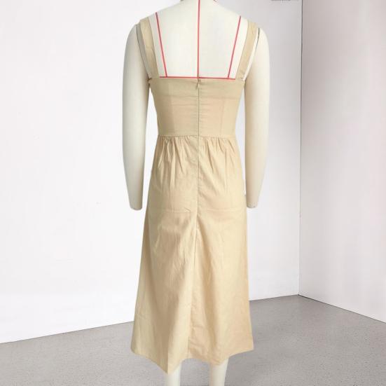 Summer Women Long Dress Solid Color Wide Straps Pleated Midi Dress Breathable Casual Sleeveless Slim Fit Above Ankle Length Dress