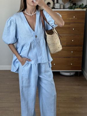 Conjunto de Top de Algodão Puro Cor Sólida Doce com Decote V e Calça Longa com Mangas Bufantes Primavera/Verão 2025