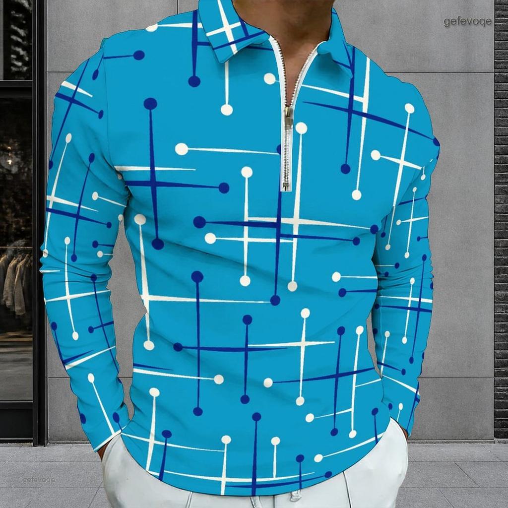 Men Plus Size Long Sleeve Collared Quarter Zip Polo Shirt Blue Geometric Printed