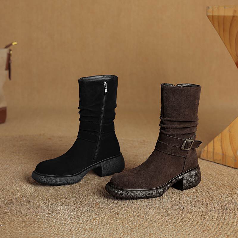 Krazing Pot Cow Suede Nubuck Pleated Decoration Autumn Winter Shoes Chunky Heels Size 43 Size 42 Round Toe Zipper Retro Fashion Mid-calf Boots