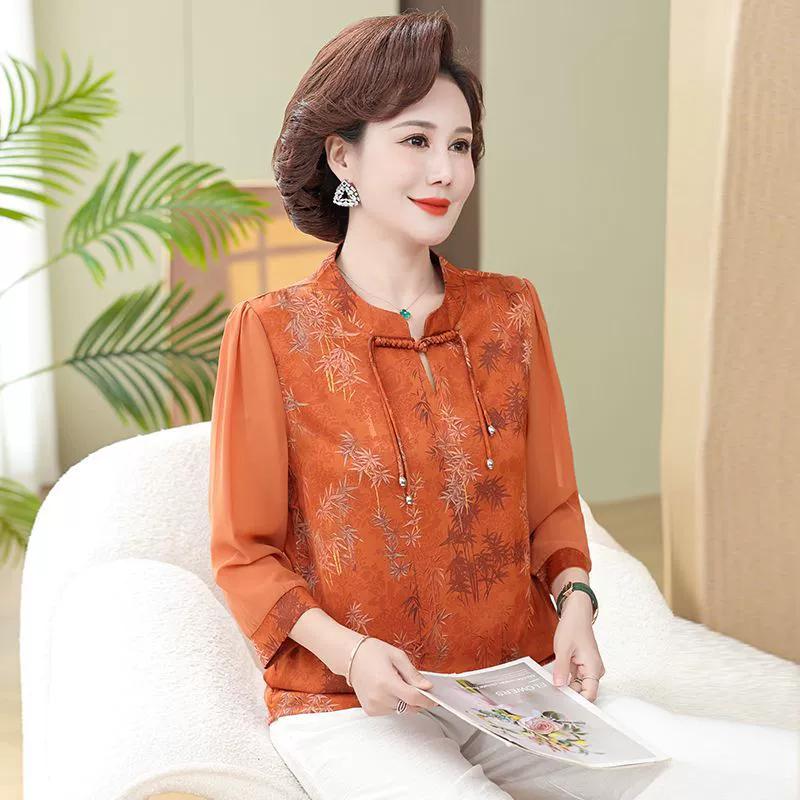 Women's Spring and Summer Chinese Style Seven-minute Sleeve T-shirt Middle-aged and Elderly Simple Button Pullover Tops
