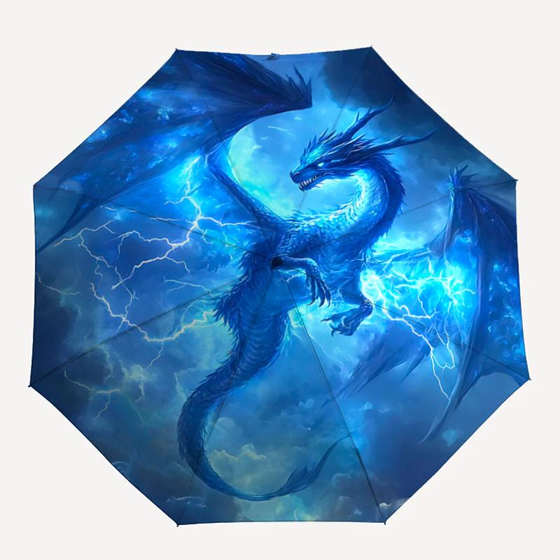 1pc Blue Dragon Lightning Pattern Automatic 3-Fold Umbrella, 8 Iron Frames, High-Value Folding Umbrella, Suitable for Office, Travel and Outdoor Adven