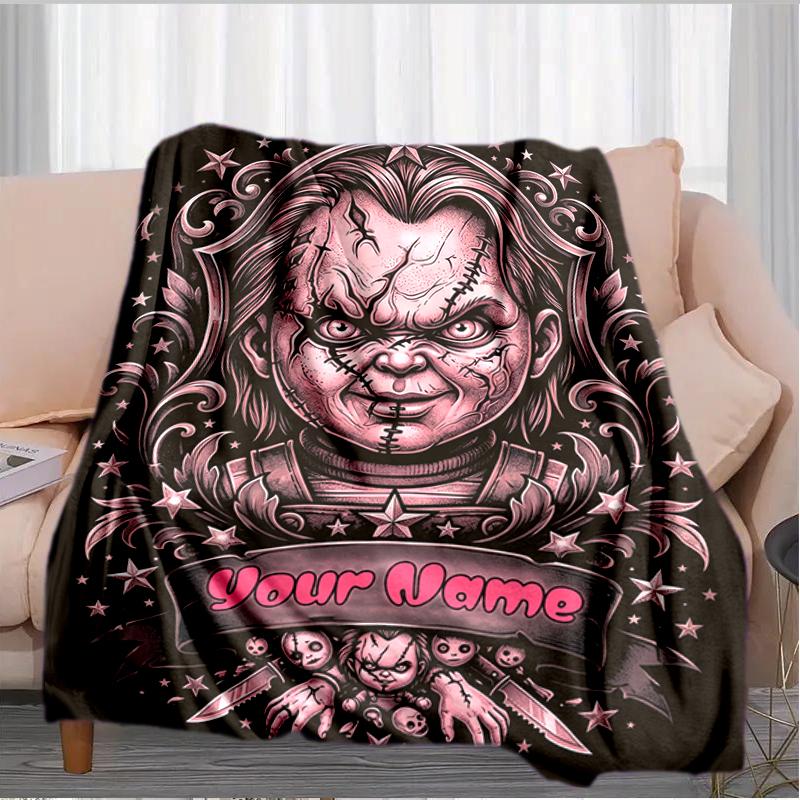 1PC Custom Name Horror Movie Poster flannel blanket versatile,all-season throw suitable for the living room,bedroom,camping,travel,and gift