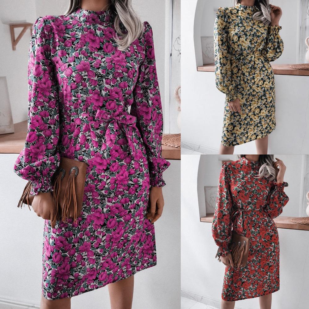 Autumn and Winter Floral Lantern Long-sleeved Chiffon Dress