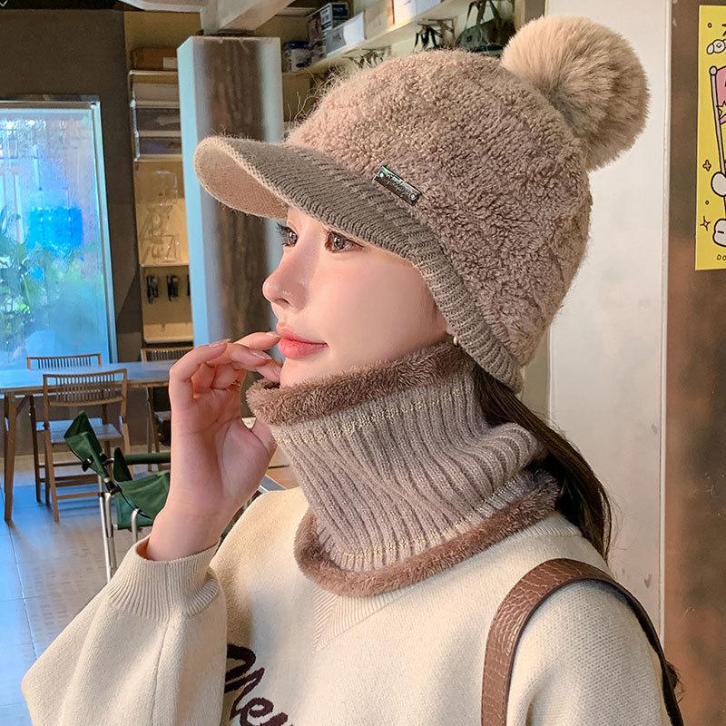 Fleece warm knitted hat women's autumn and winter plush line duck tongue baseball cap scarf cover show face cap