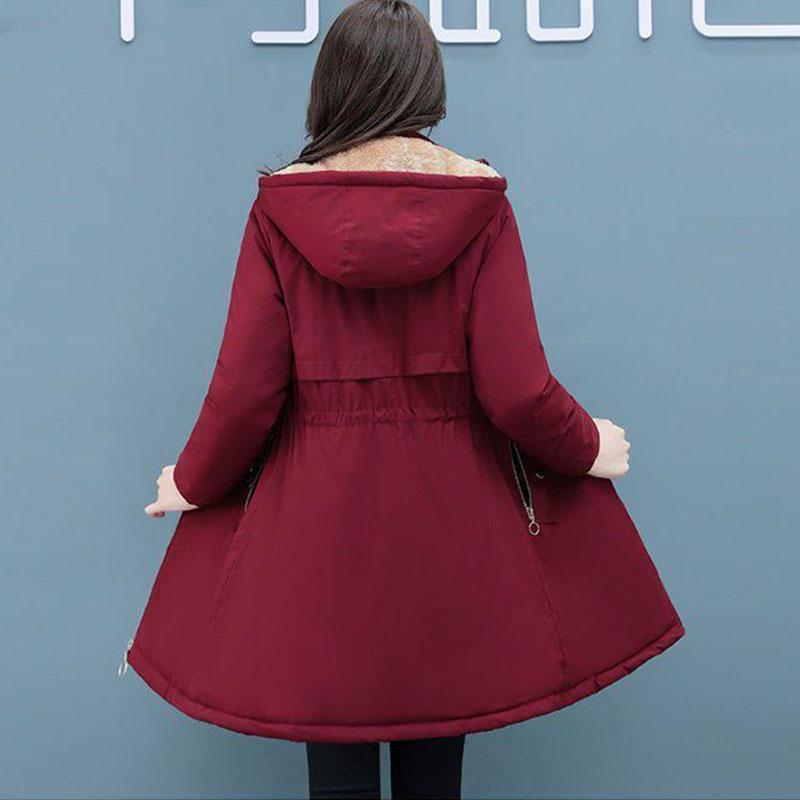 Damen Gepolsterte Jacke Lang Kapuzenparka Übermantel Plus Samt Verdickt Winter Warmer Mantel Weiblich Koreanisch Lässig Baumwollkleidung