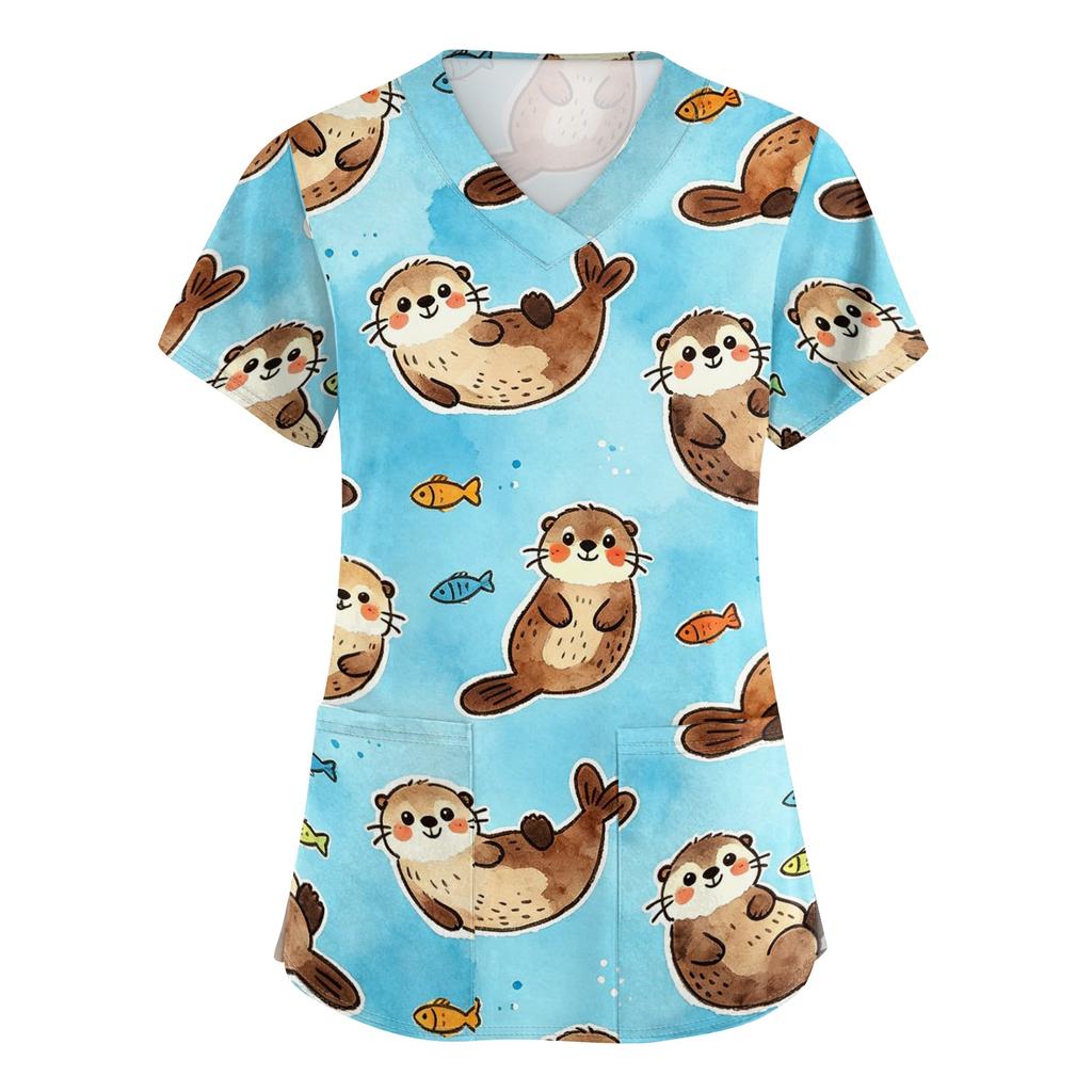 Women V Neck Short Sleeve Work Top with Pockets Animal Print Medical Uniform Scrub Shirt for Healthcare Professionals Nursing Staff