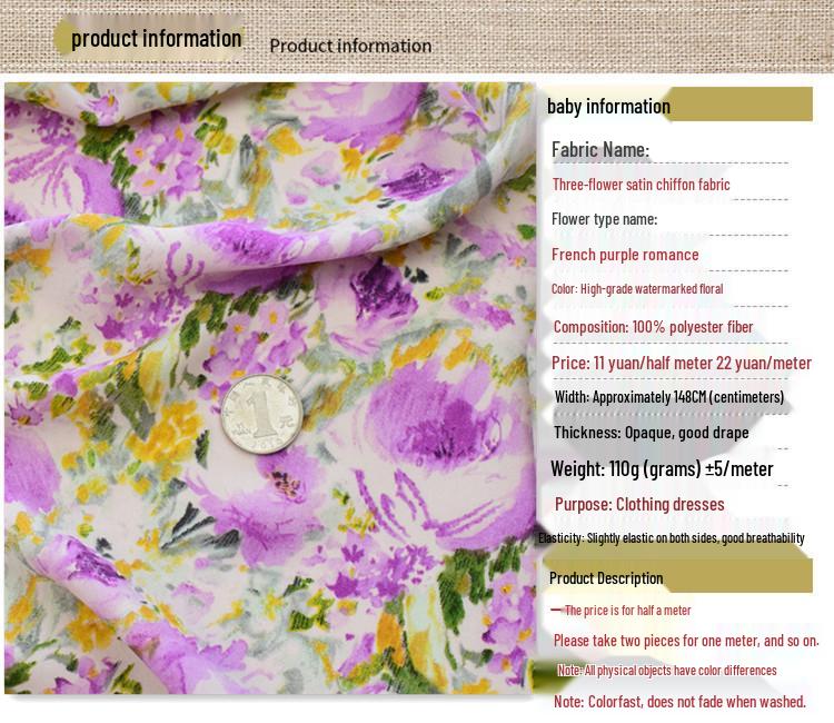 Tessuto Chiffon Crepe di Seta Francese Viola Romantico - Morbido, Non Trasparente, Stampa Primavera & Estate