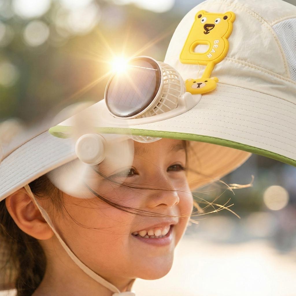 Children Solar Powered Fan Hat Neck Flap Sun Protection Cap with SPF50 Plus Breathable Mesh and Adjustable Chin Strap for Outdoor Use