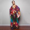Handgemachter schwarzer & roter floraler langer Strand-Überwurf-Kimono für Damen